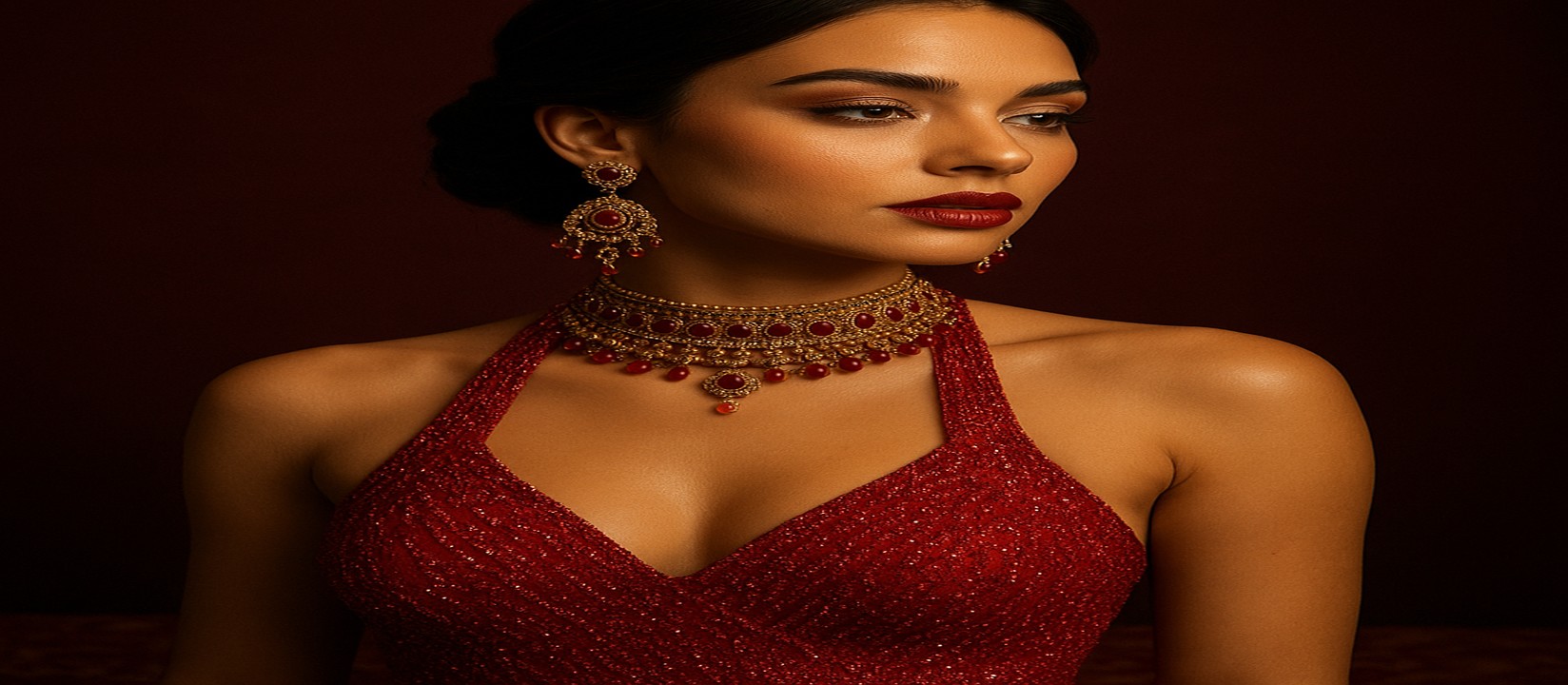 33bet گেমিং প্ল্যাটফর্মে টেবিলে লাল পোশাক পরা এক নারী সহকারী