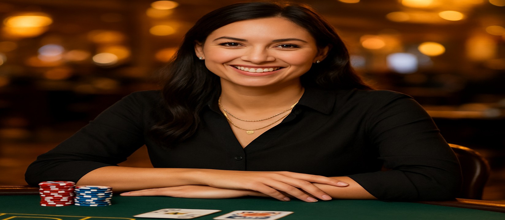 33bet-এ একটি হাসিখুশি নারী উপস্থাপক কার্ড টেবিলে সামনে গেমিং টোকেন ও কার্ড রেখে বিস্তৃত গেমের নির্বাচন প্রস্তাব দেন।