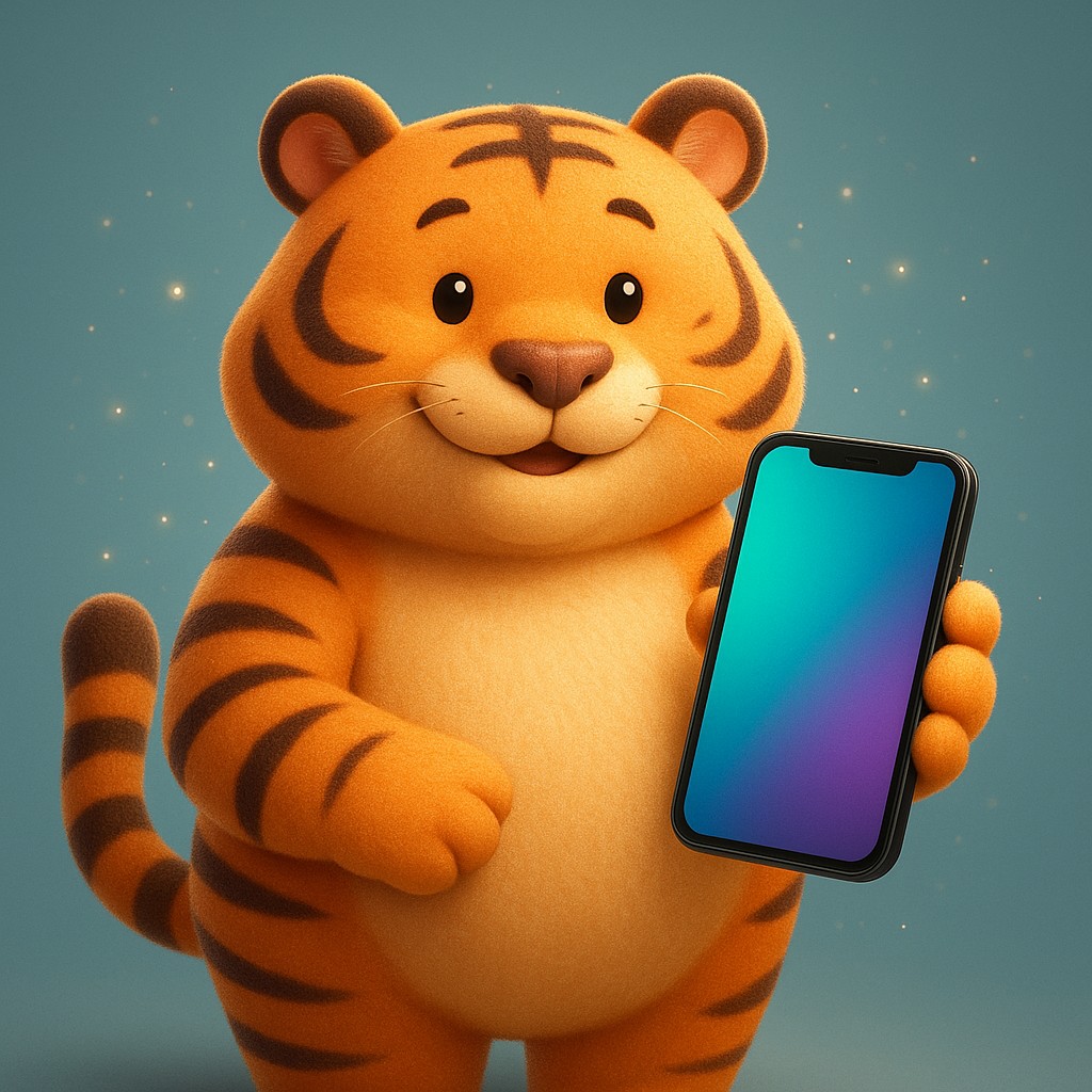 একটি কার্টুন বাঘশাবক, যা স্মার্টফোনে 33bet অ্যাপটি ব্যবহার করছে