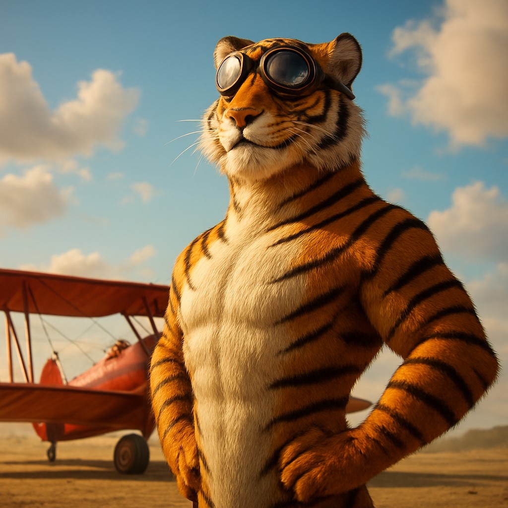 এভিয়েটর গেমের প্রতীক হিসেবে লাল বিমানের পাশে দাঁড়িয়ে থাকা টাইগার পাইলট