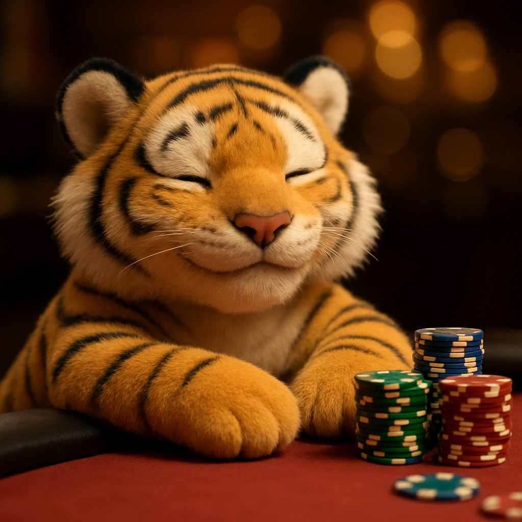 33bet গেমিং প্ল্যাটফর্মে হাসিখুশি টাইগার শাবক একটি টেবিলের সামনে বসে আছে