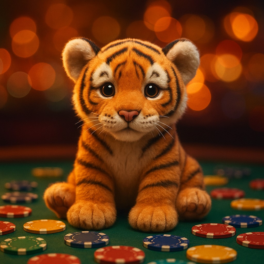 একটি ছোট বাঘশিশু টেবিলের ওপর গেমিং টোকেনসহ বসে আছে।