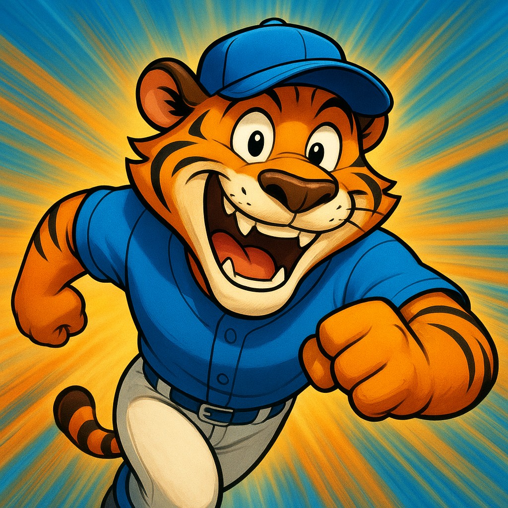 33bet Cricket গেমিংয়ের প্রতীকেরূপে একটি আনন্দিত টাইগার শাবক, হাতে বল ধরে এবং ইউনিফর্ম পরা অবস্থায়।