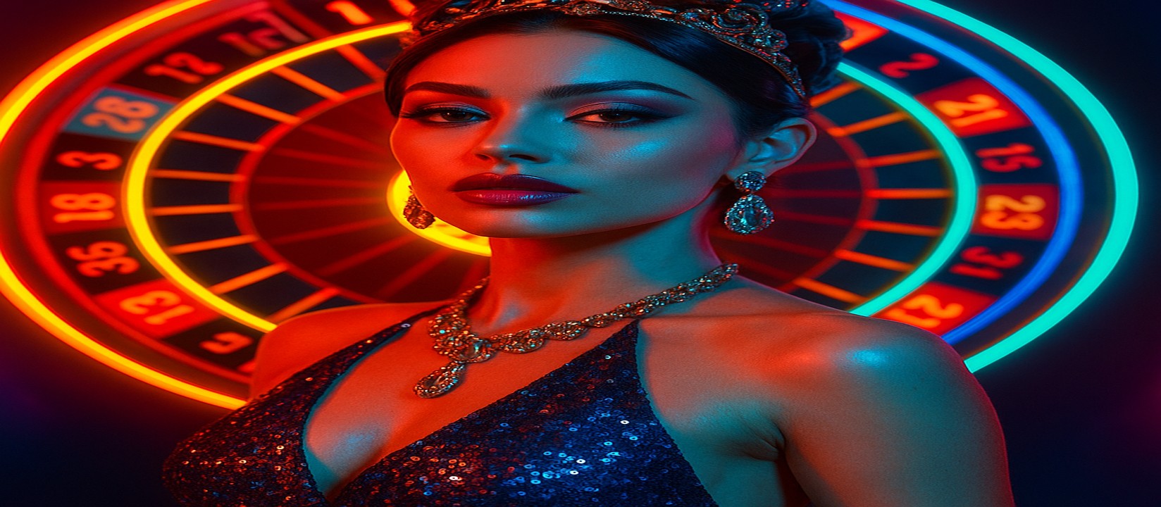 একজন নারী, উজ্জ্বল পোশাকে, একটি রঙিন গেমিং প্ল্যাটফর্মের সামনে