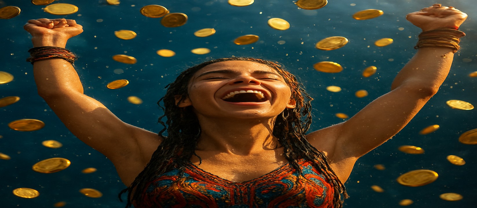 মুদ্রার ঝরনার মাঝে একজন নারী, রঙিন পোশাকে অবস্থান করছেন